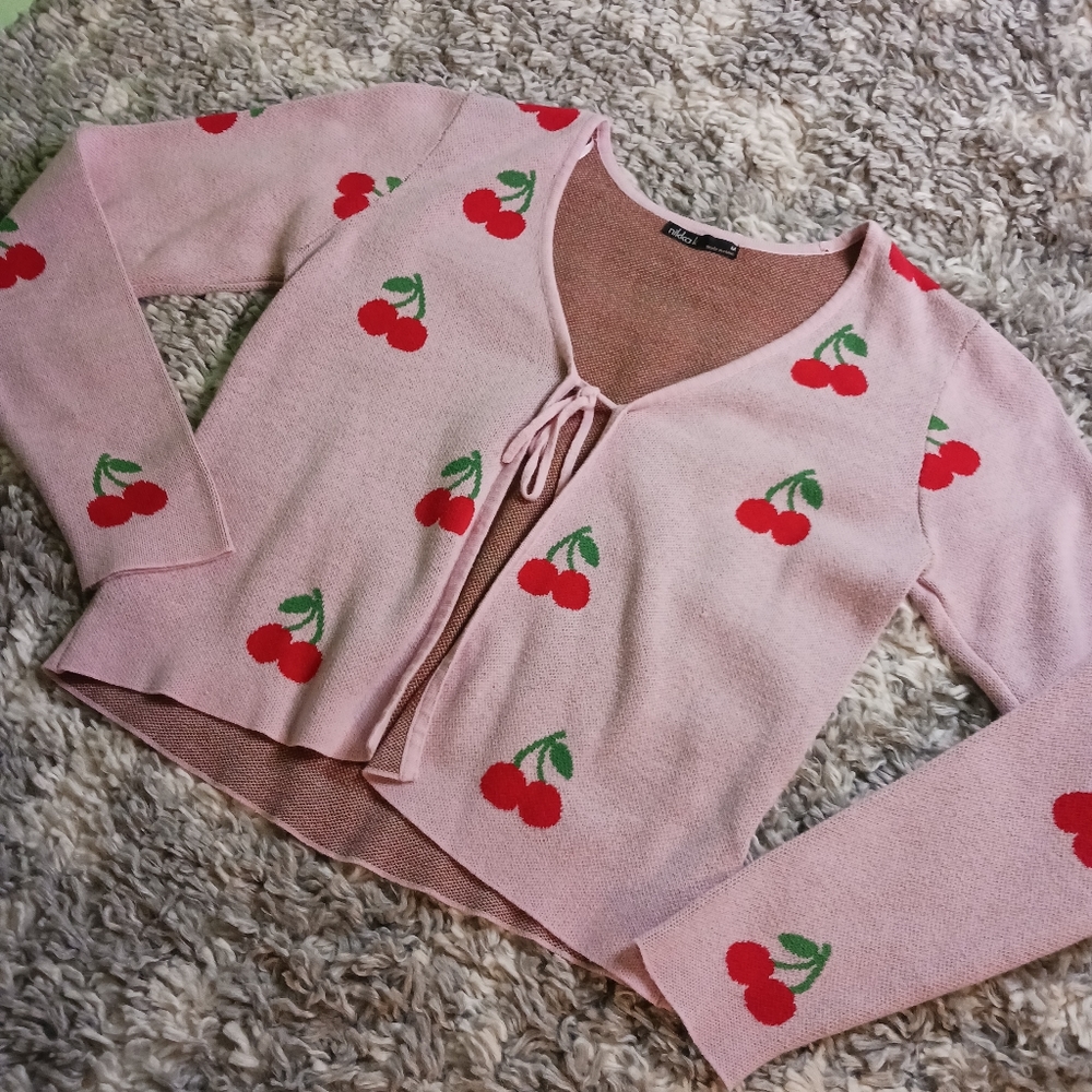 Soft pink Cherry Print NIKKA K tie front cardi